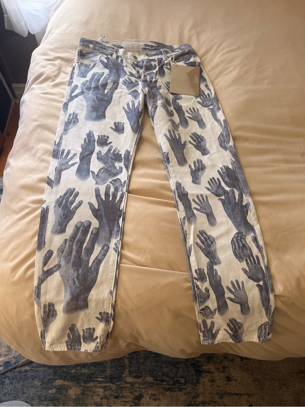Women’s Straight Leg Jeans in White with Gray Hand Print